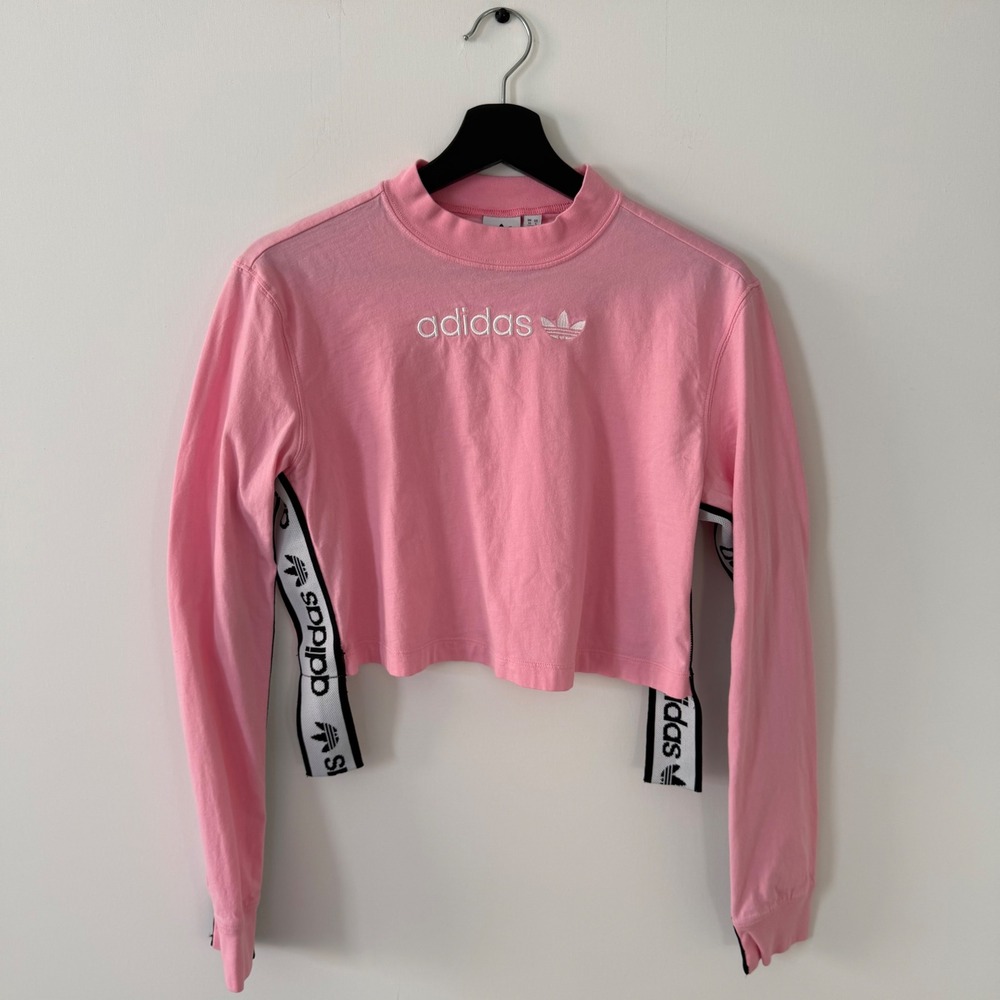 Adidas Originals Pink Mock Neck Long Sleeve Crop Top Logo Tape DZ0099 Womens S